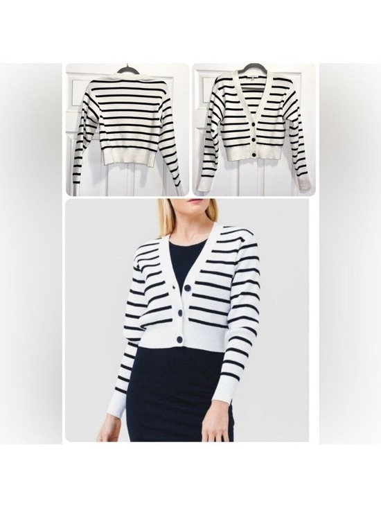 Frame Denim Sweaters - FRAME Relaxed Striped Rib-Knit Cardigan Black and White Stripes Size Small